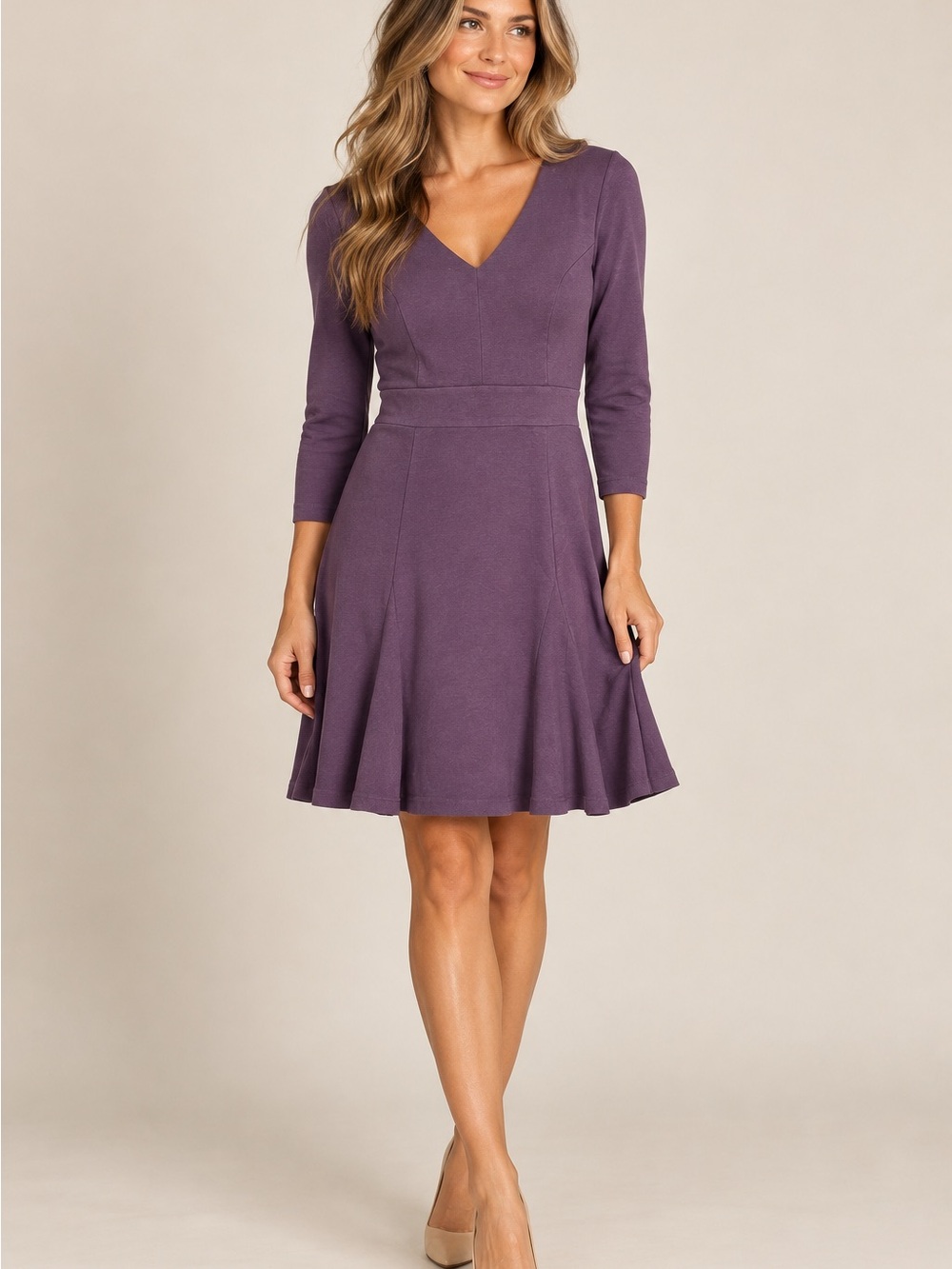 Boden Clerkenwell Burgundy Fit Flare Dress 3/4 Sleeve V-Neck Dark Academia 12R
